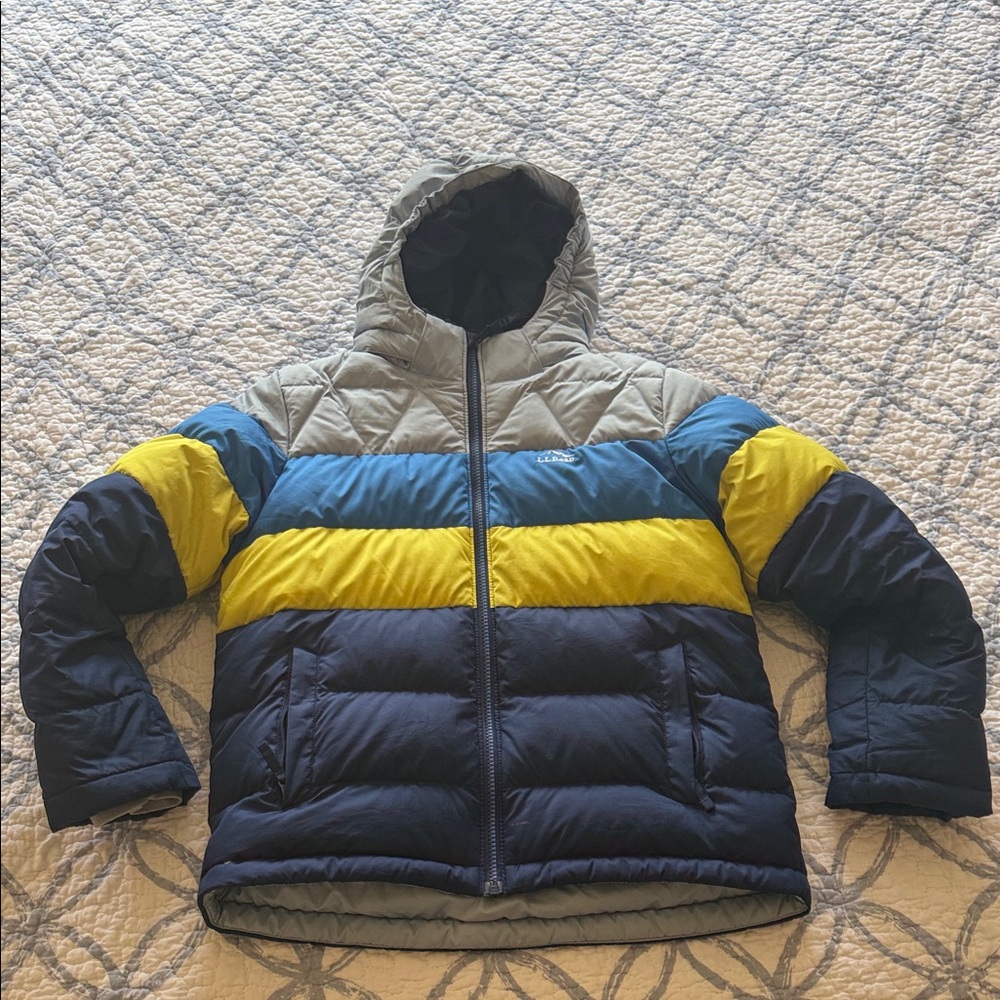 LL Bean Boy Colorblock Down Jacket in Navy, Yellow & Light Gray